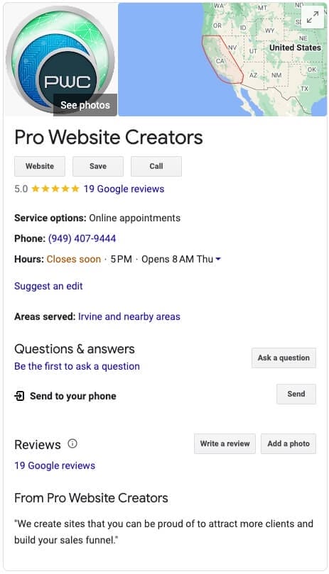 Pro Website Creators google business page plus reviews 2